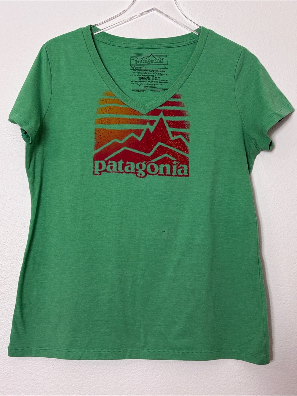Patagonia Green V-Neck Tee with Red and Orange Logo